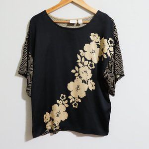 Chico's black and tan floral sort sleeve  women  blouse